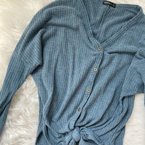 Blue long sleeve tie front shirt